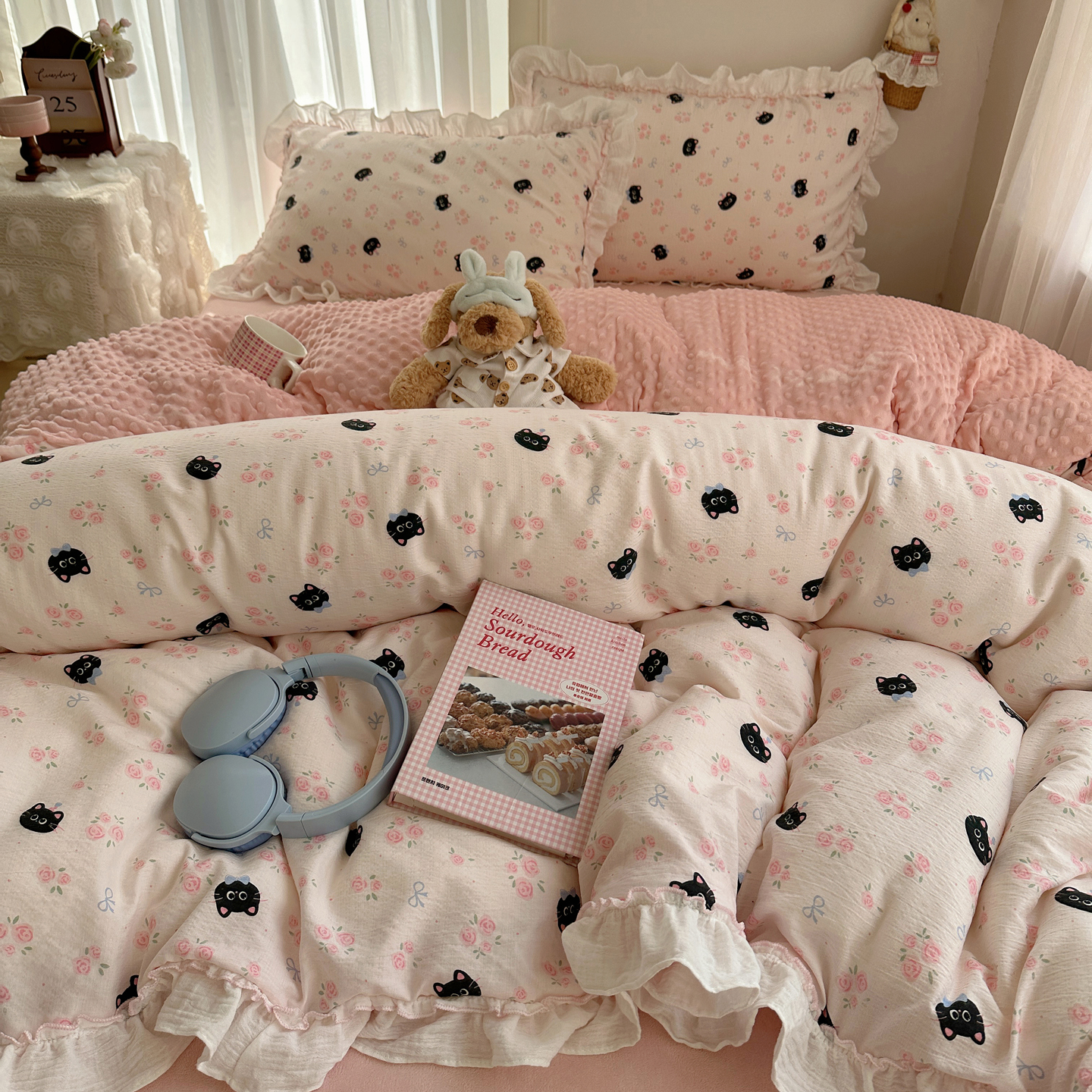 纺臣【碎花猫语】可爱牛奶绒床上四件套双面绒安抚豆豆绒床单三件套