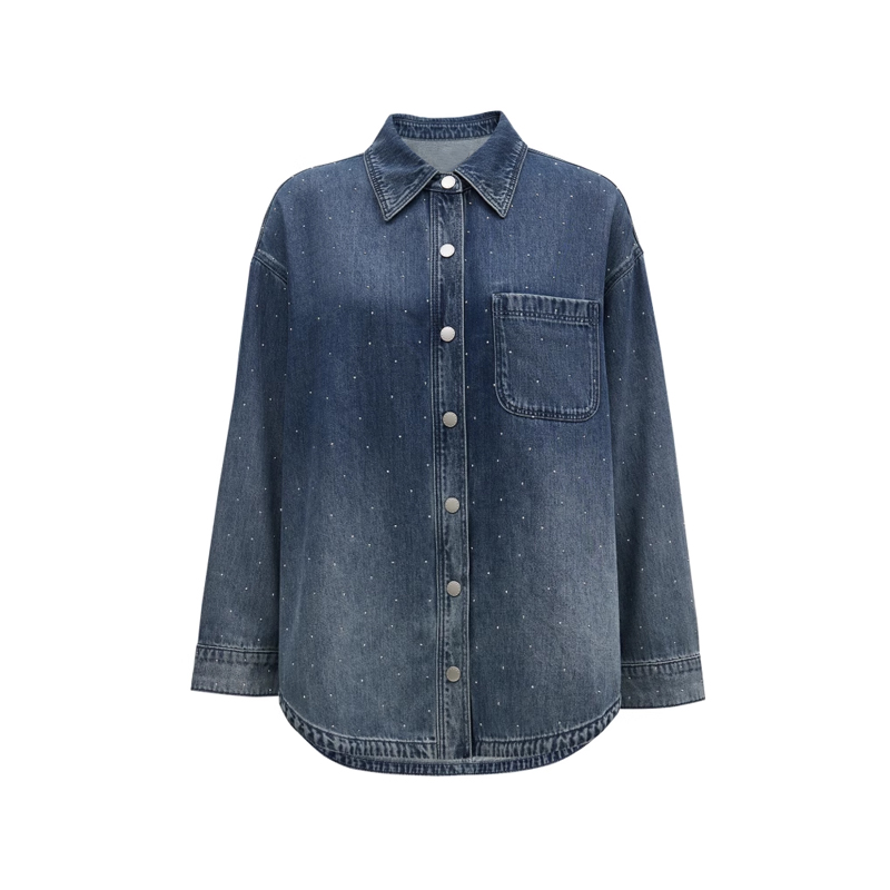 2025新款春秋牛仔衬衫女休闲宽松慵懒风烫钻渐变时尚潮流衬衣