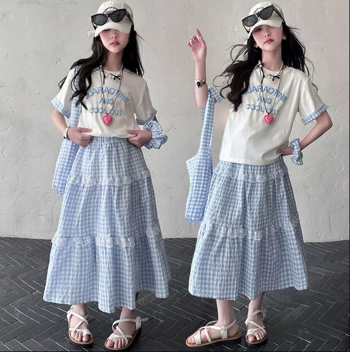 （现货）【四件套福利】夏季亲子装时尚格子裙+洋气百搭纯棉T恤套装
