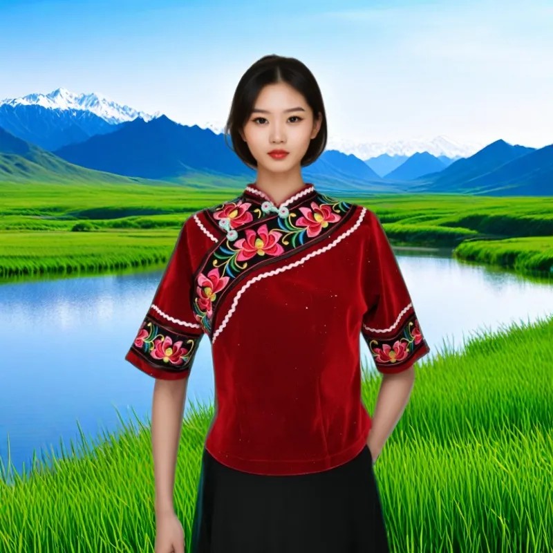云南楚雄彝族左脚舞绣花女装中袖上衣民族风红金融布带闪片