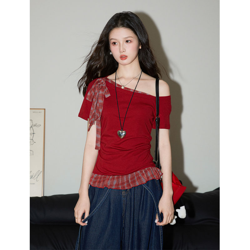 【圆圆脸】大码胖mm荷叶边短袖T恤女夏季格子拼接飘带斜肩荡领上衣