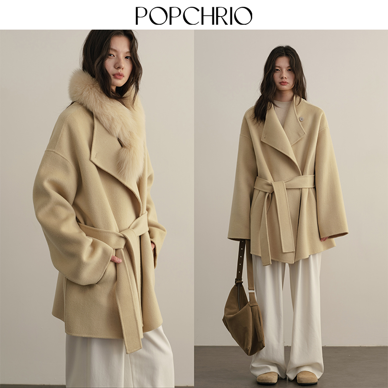 POPCHRIO欧可芮◆羊毛斗篷双面呢短款毛呢大衣狐狸皮草脖围小个子2