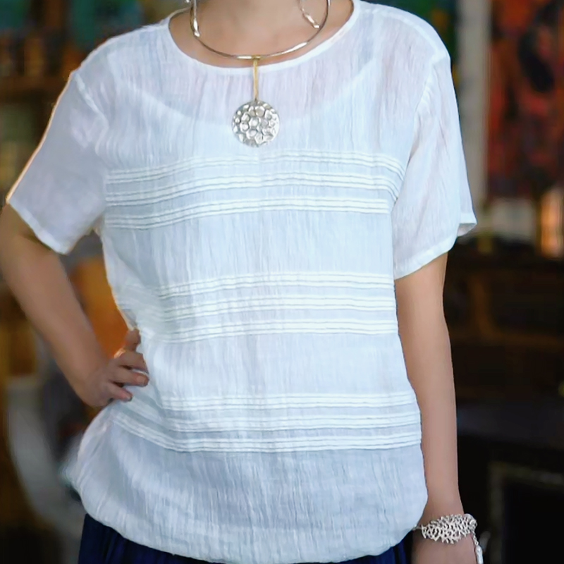 游尘衣物/重工打条下摆抽绳短袖上衣