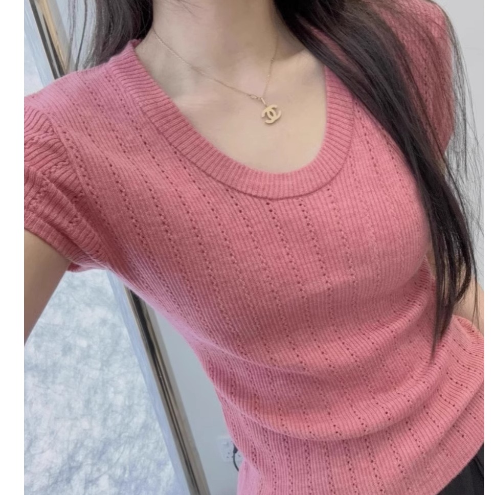 夏季新款针织短袖T恤上衣女纯色U型领镂空小心机设计感修身百搭潮