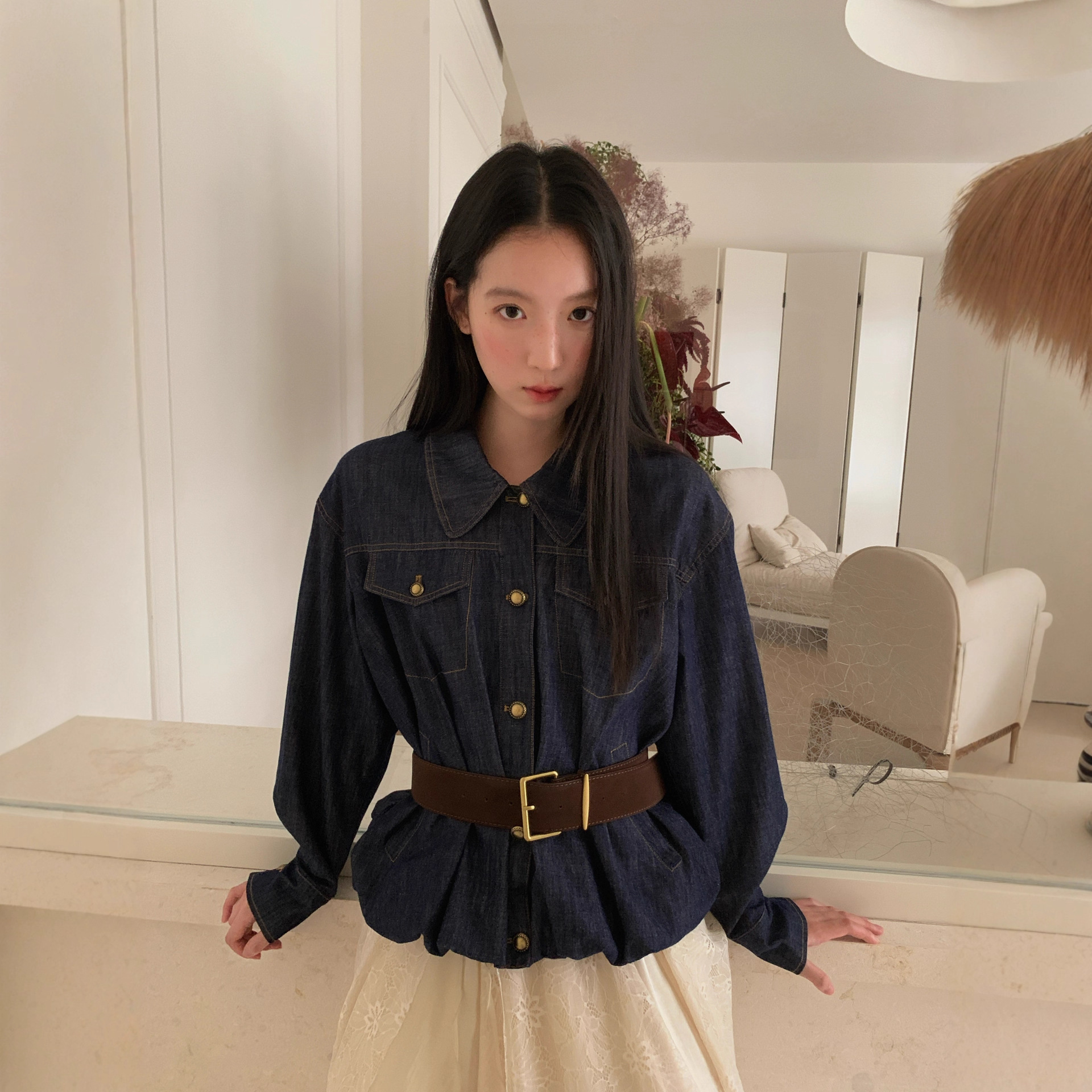 十三行早秋25秋复古港风金属单排扣翻领棉质牛仔外套女F6132