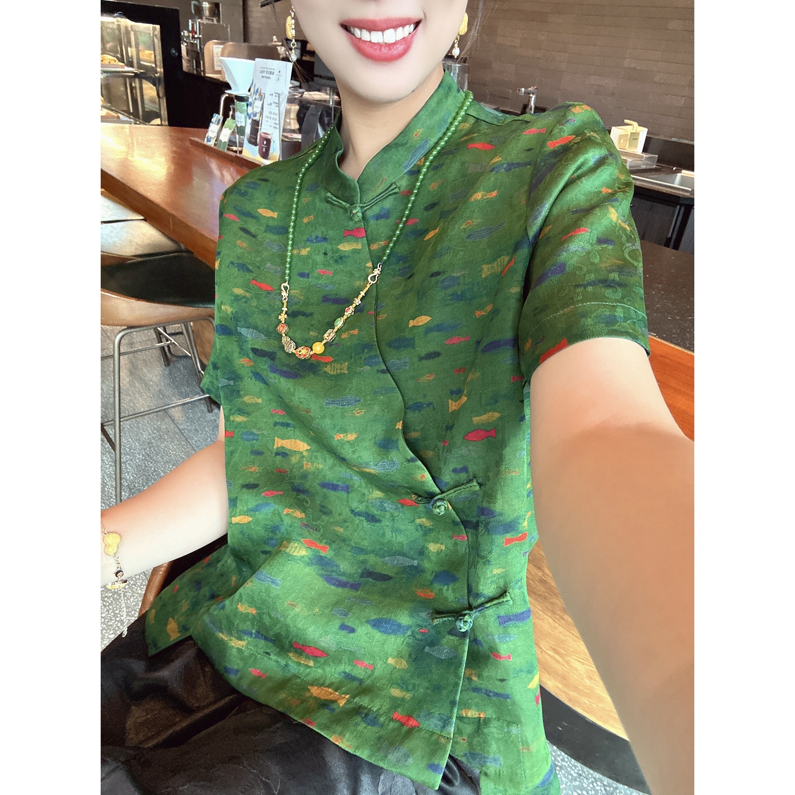 【深圳罗依】原创真丝衬衫女桑蚕丝红云纱小鱼斜襟短袖气质立领上衣