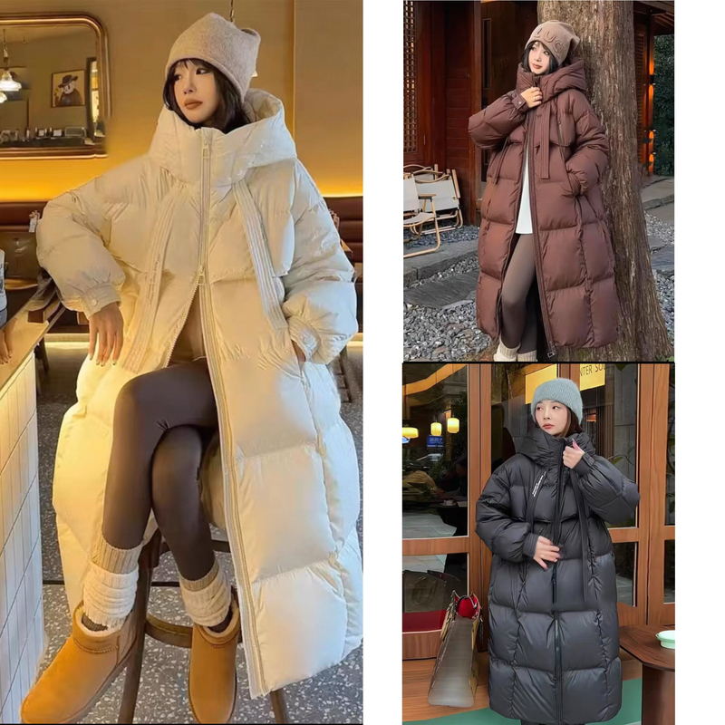 2025冬季新款飘带长款连帽T2鸭绒过膝百搭宽松时尚女士保暖羽绒服