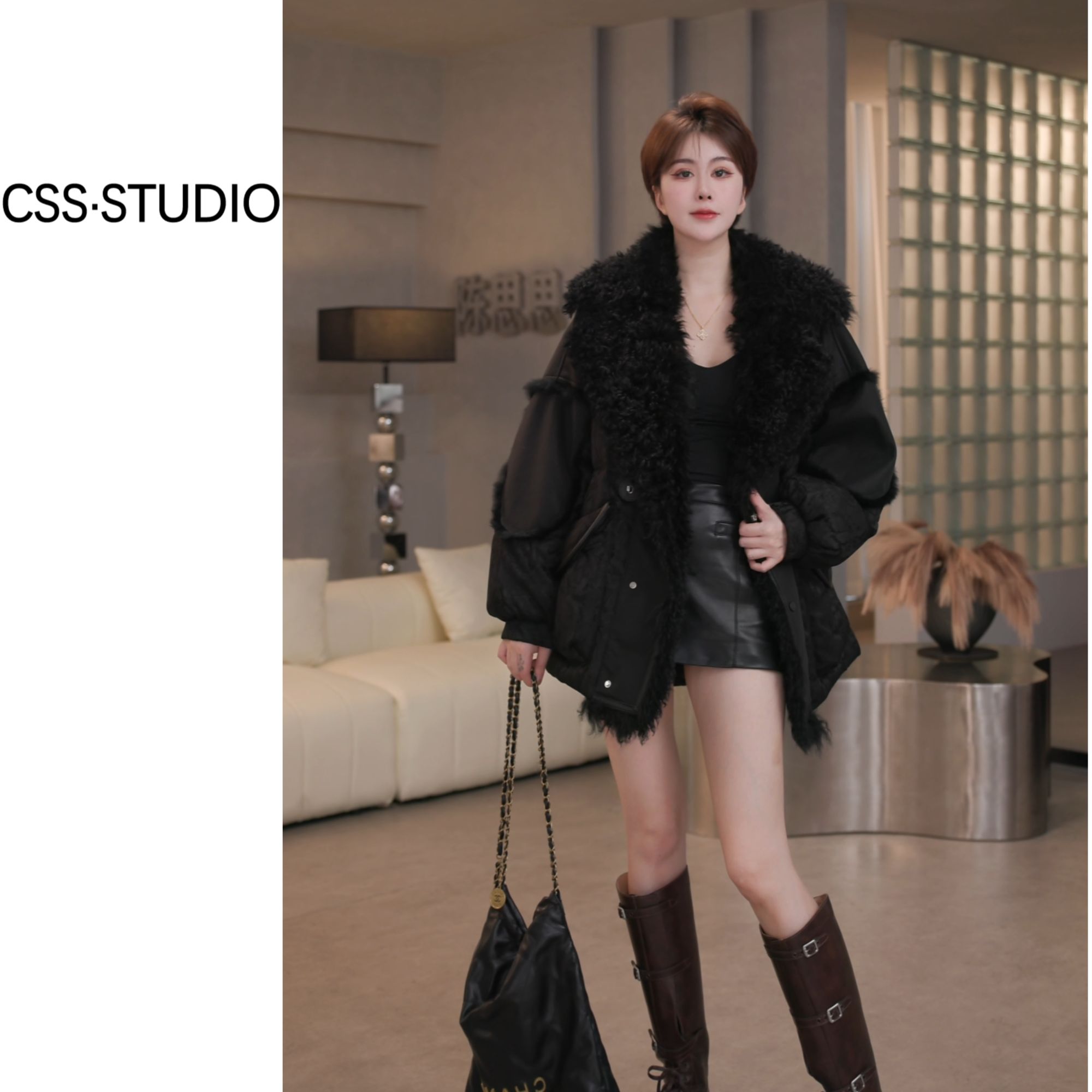 【ou.y思思】托斯卡纳羊毛领白鹅绒刺绣重工兔皮毛一体中长皮草外套