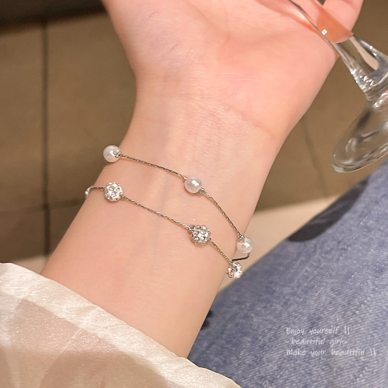 合金手链 满天星轻奢双层叠戴珍珠手链超闪镶钻串珠手串款百搭