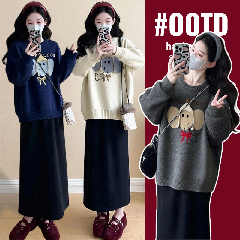 孕妇大象提花圆领毛衣女上衣冬季新款韩系宽松显瘦保暖洋气针织衫