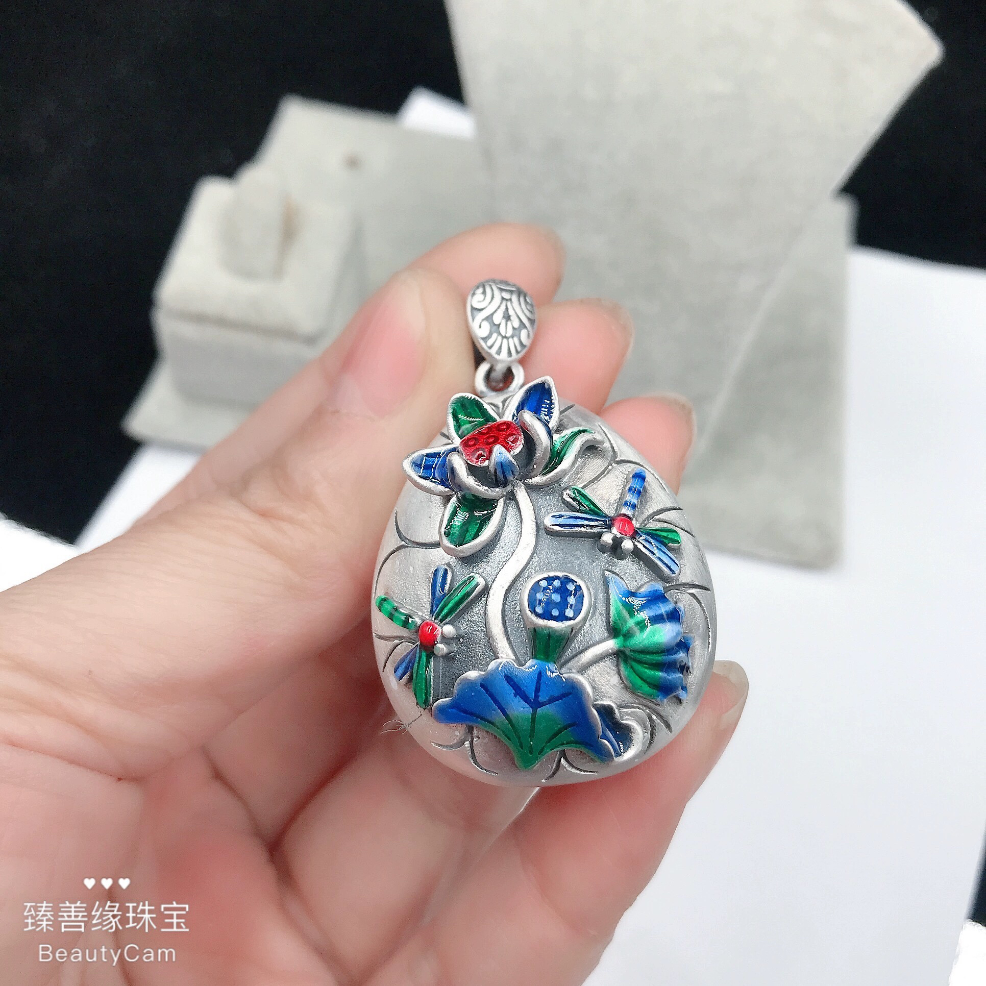 吊坠925银 通体纯银烧蓝水滴蜻蜓富贵花吊坠做旧珐琅彩复古银挂件