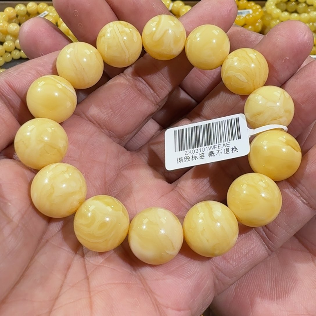 琥珀手链未镶嵌15m+虎皮白花蜡圆珠手串30.9克