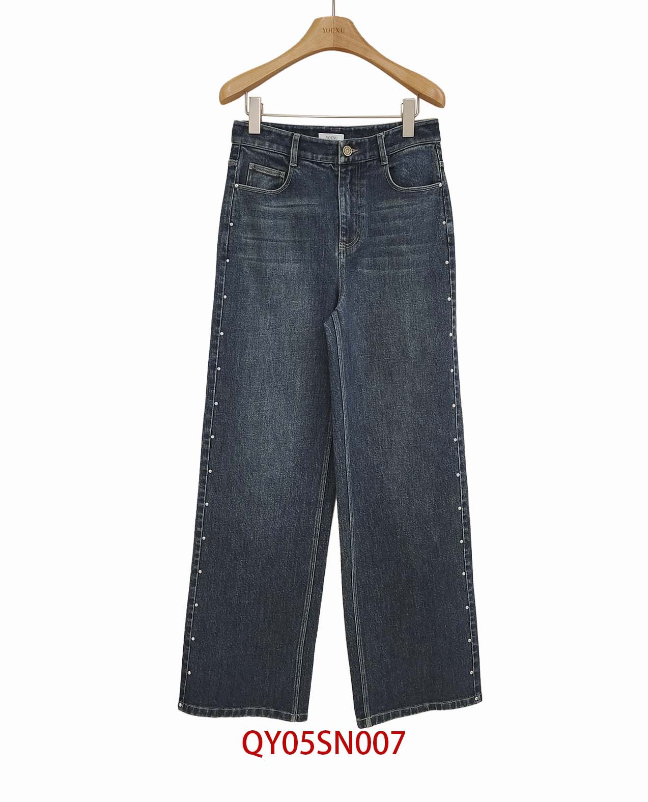 复古蓝高腰直筒长裤