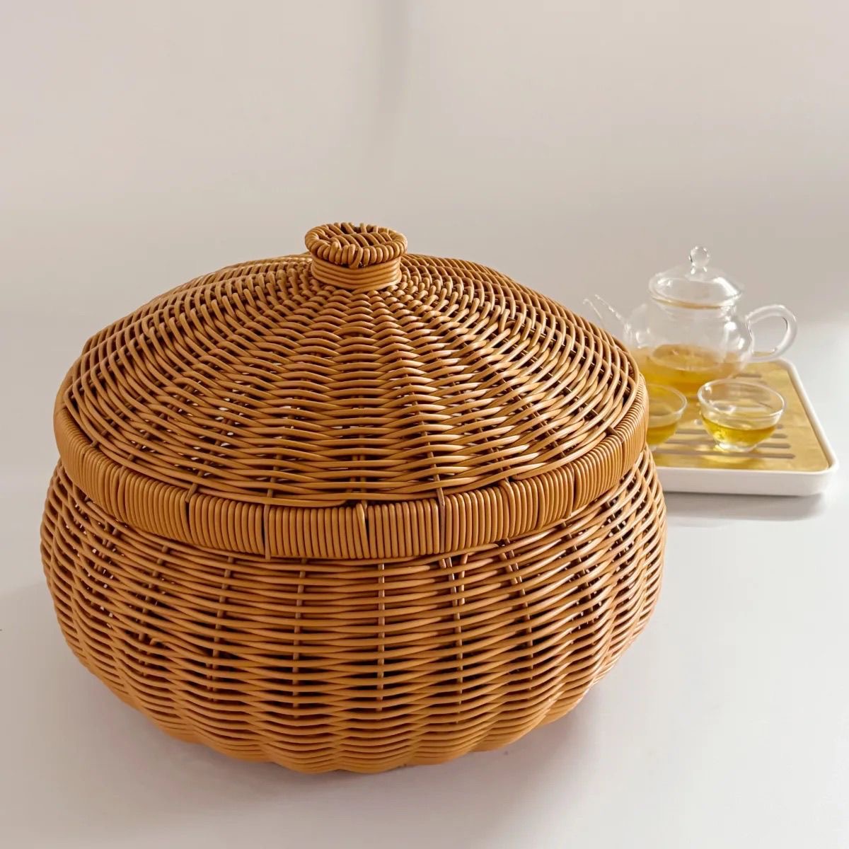 Z4棕色大肚带盖馒头收纳框居家简约篮纯手工编织大号