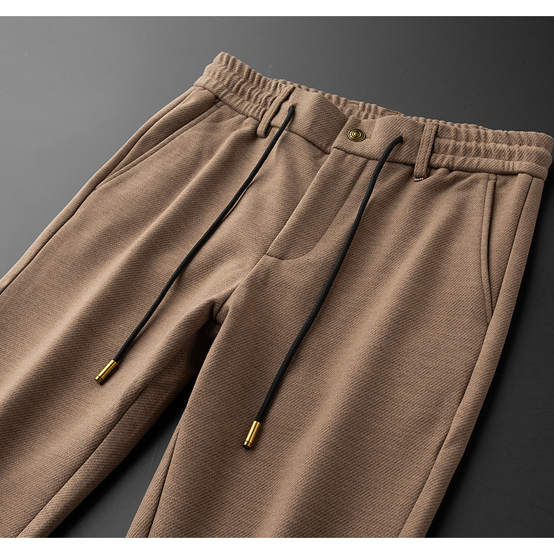 轻奢卡其色男士修身休闲裤2025冬季新款潮流松紧腰磨毛直筒裤