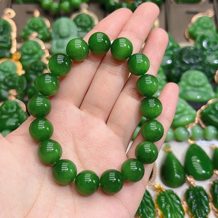和田玉（碧玉）手串未镶嵌12m阳绿单圈