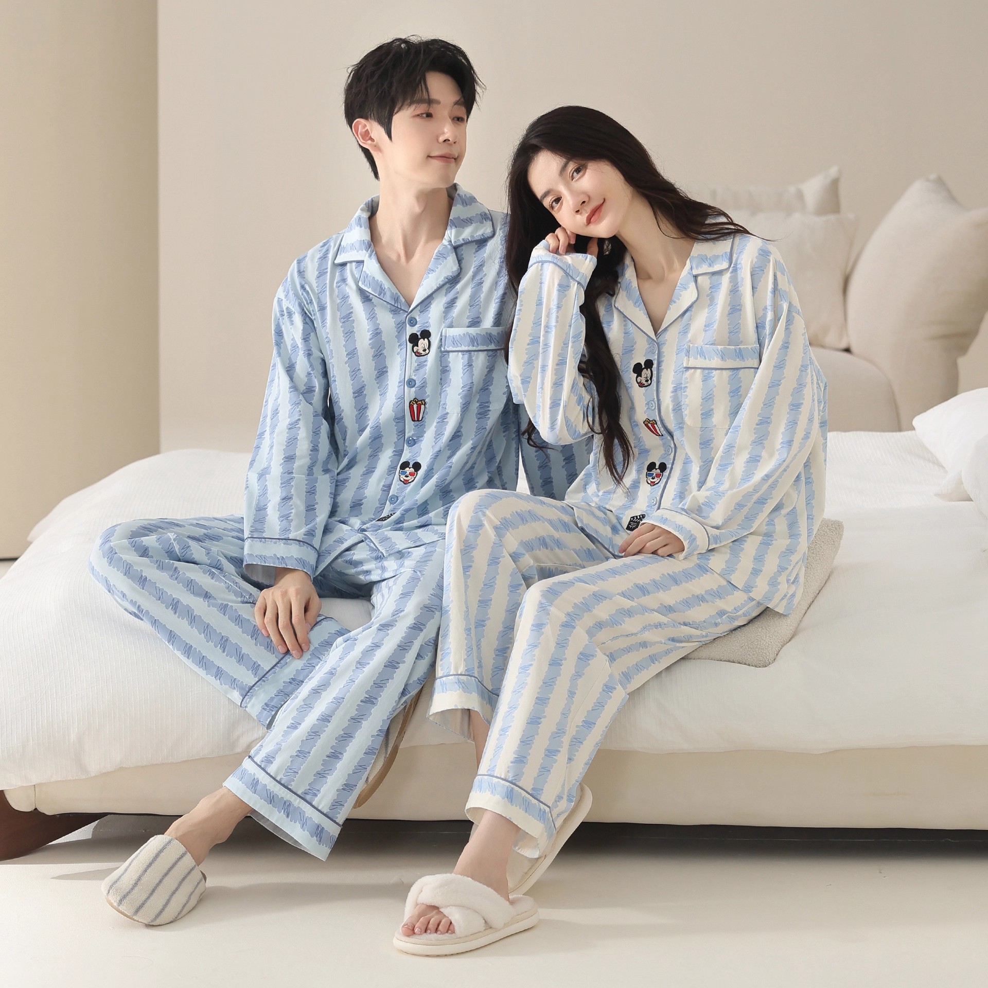 迪士尼情侣睡衣女春秋季2025新款柔软棉长袖米奇家居服套装冬季