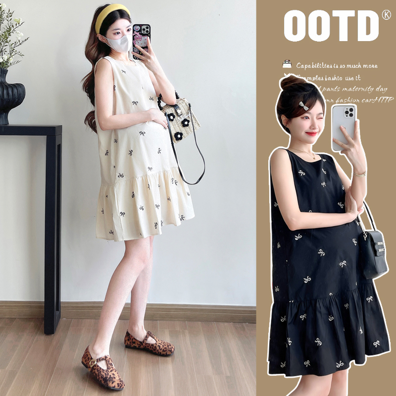 时髦孕妇装夏季新款时尚潮妈背心裙蝴蝶结大码显瘦洋气夏天连衣裙