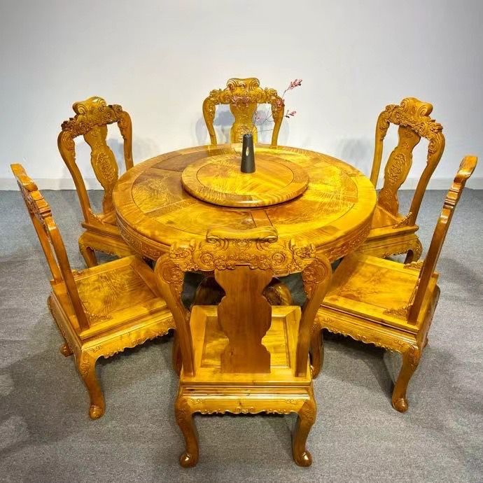 【商城爆款】金丝楠木小叶桢楠七件套圆餐桌实木餐桌椅带转盘餐桌靠