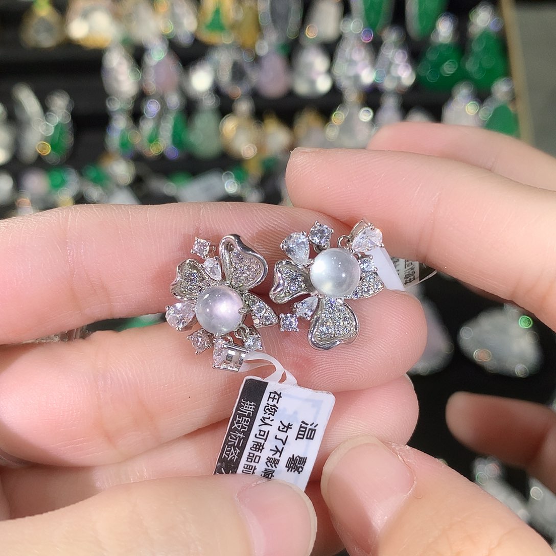 石英质玉银S925镶嵌耳钉