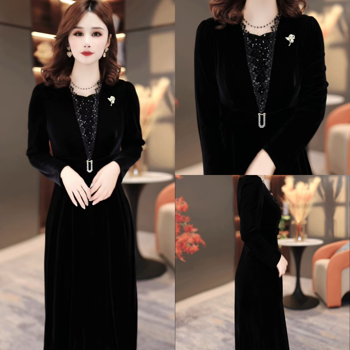 冬季黑色连衣裙2025新款显瘦修身气韩版遮肚打底裙子MY25K3522