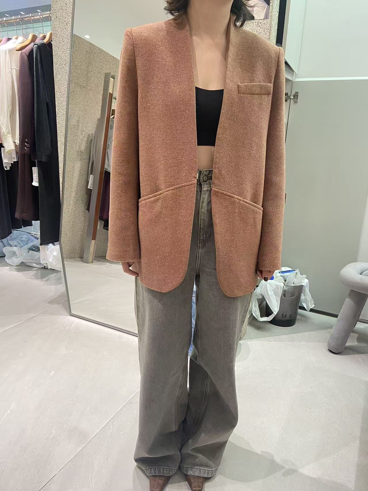 设计师款高级气场老钱风桔色羊毛羊绒两穿针织围巾秋冬外套