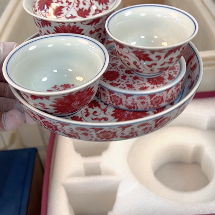 瓷片白青花釉里红缠枝莲五件套全品