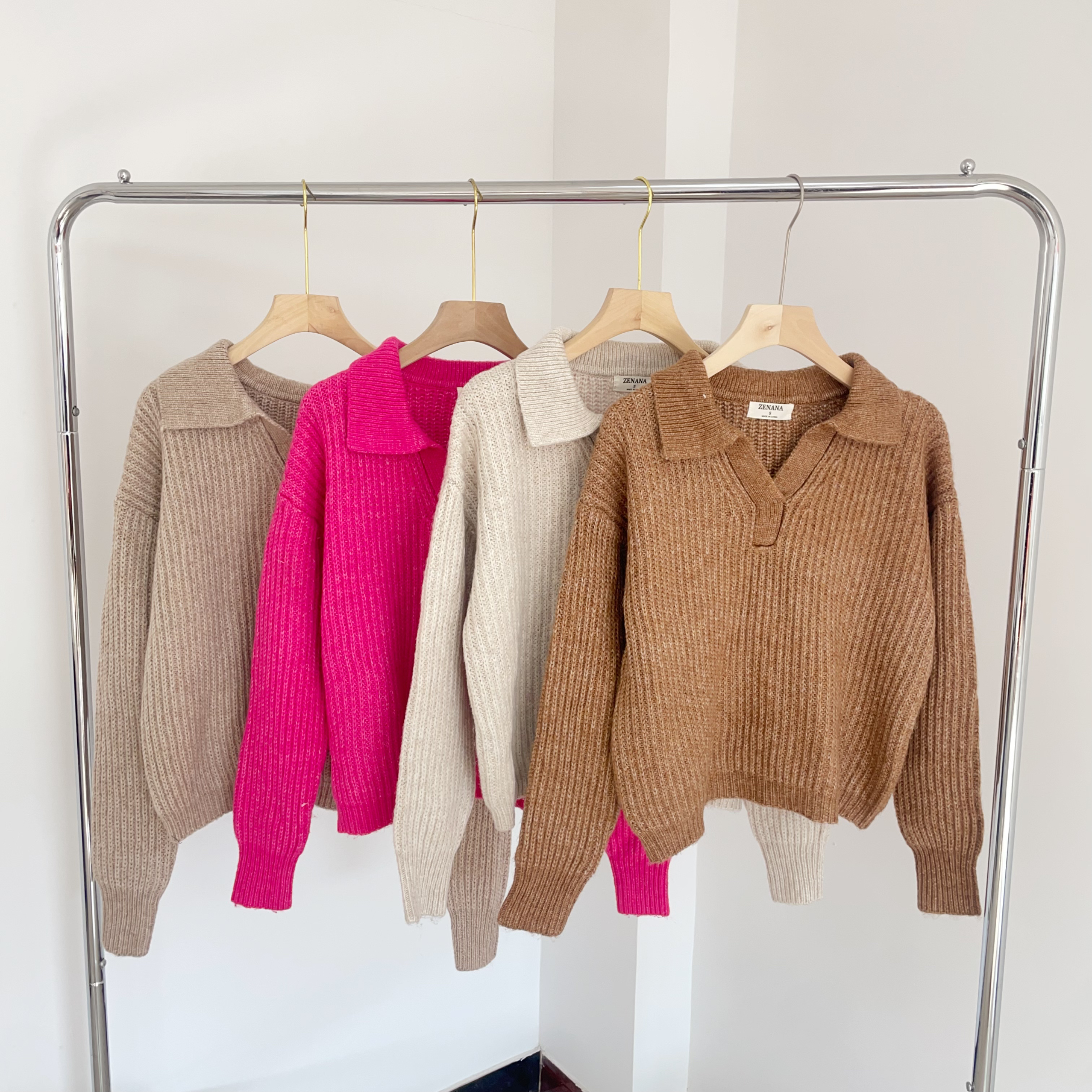 Z-13 翻领V领宽松休闲针织毛衣