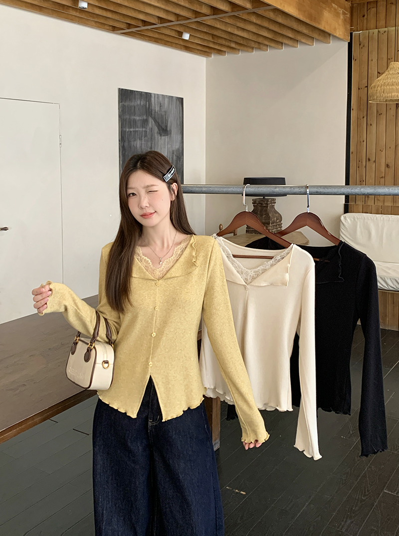 2025秋冬新款胖mm大码女纯欲拼接蕾丝木耳边内搭长袖上衣A2624