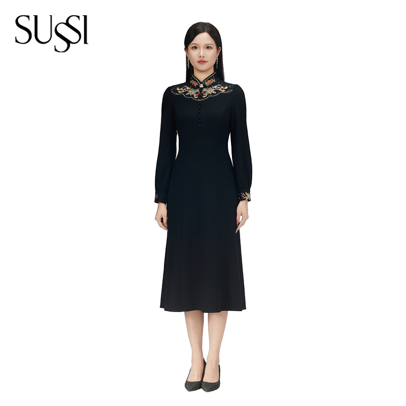 古色SUSSI【官店】黑色旗袍领连衣裙收腰显瘦
