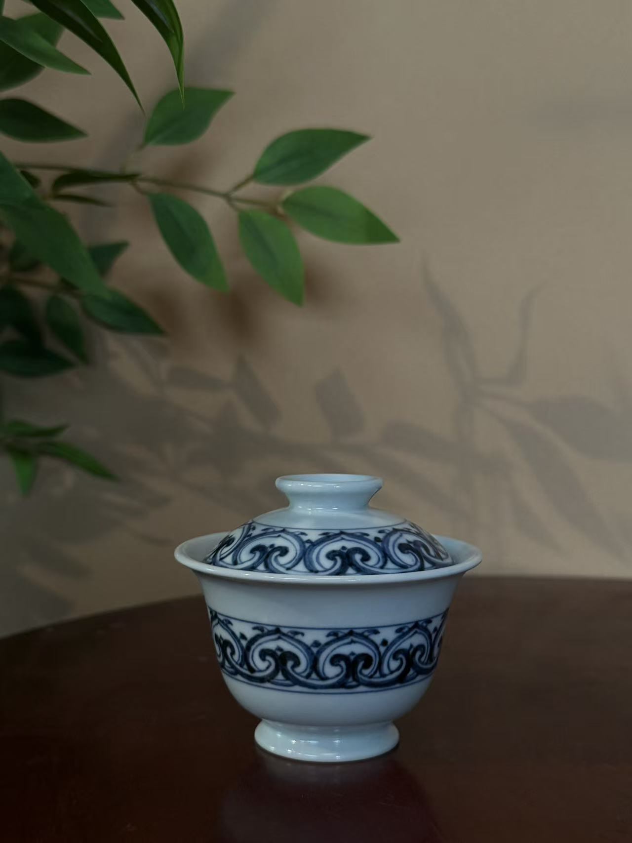 A441【蜕观堂】景德镇手工手绘枢府釉青花宝相元宝盖碗 容量90ml