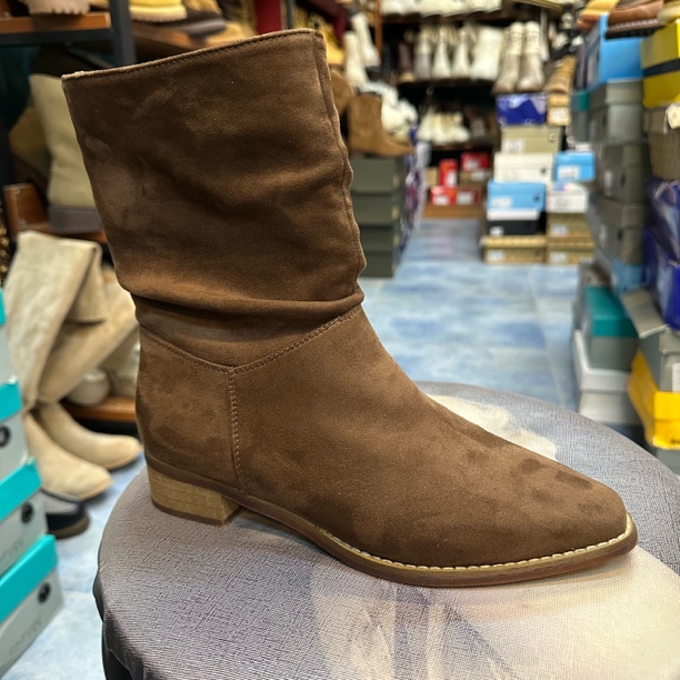 福利款二棉短靴堆堆靴棕色绒面个性软底微瑕