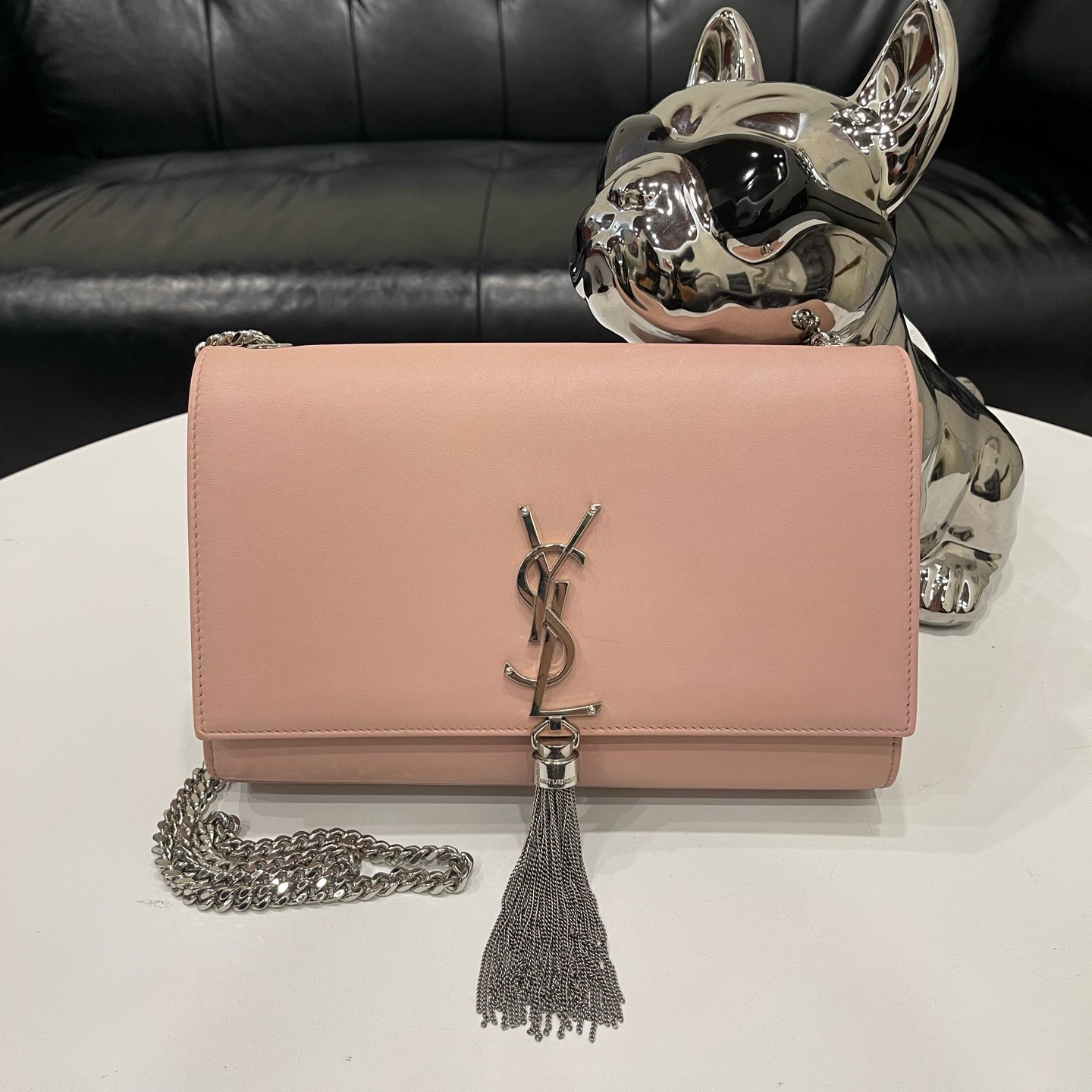 95新 YSL/圣罗兰 粉色流苏kate中号斜挎包