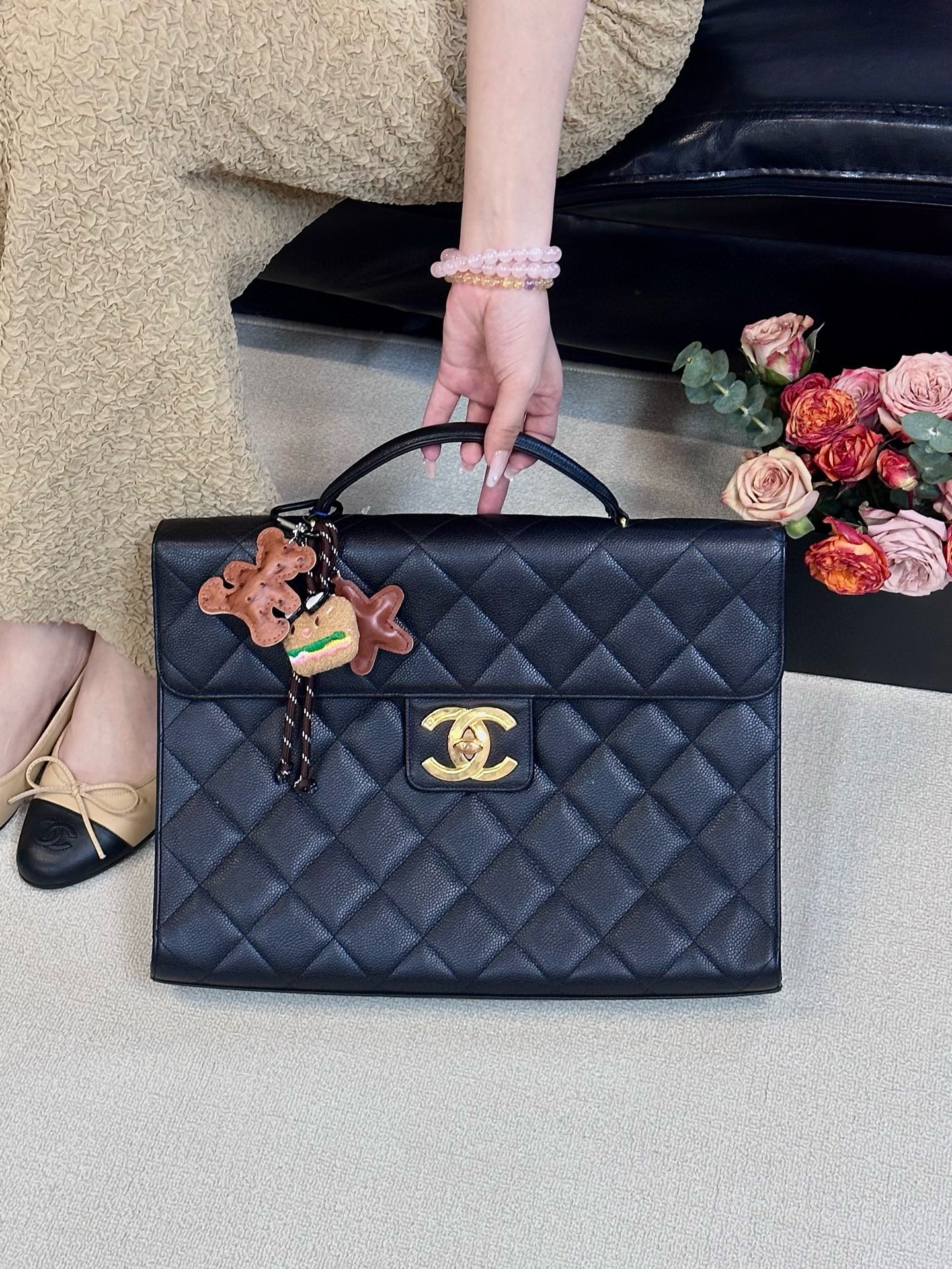 95新 Chanel/香奈儿 chanel 黑金荔枝牛贝嫂kelly手提包（K）