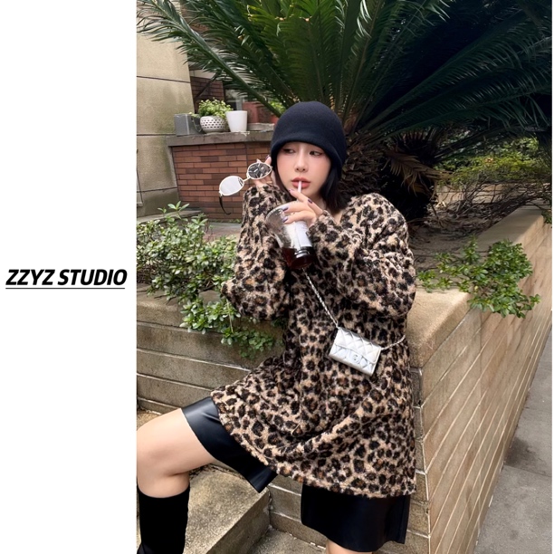 【ZZYZ】“豹纹lady”复古时髦高级感豹纹V领毛衣气质通勤百搭上衣