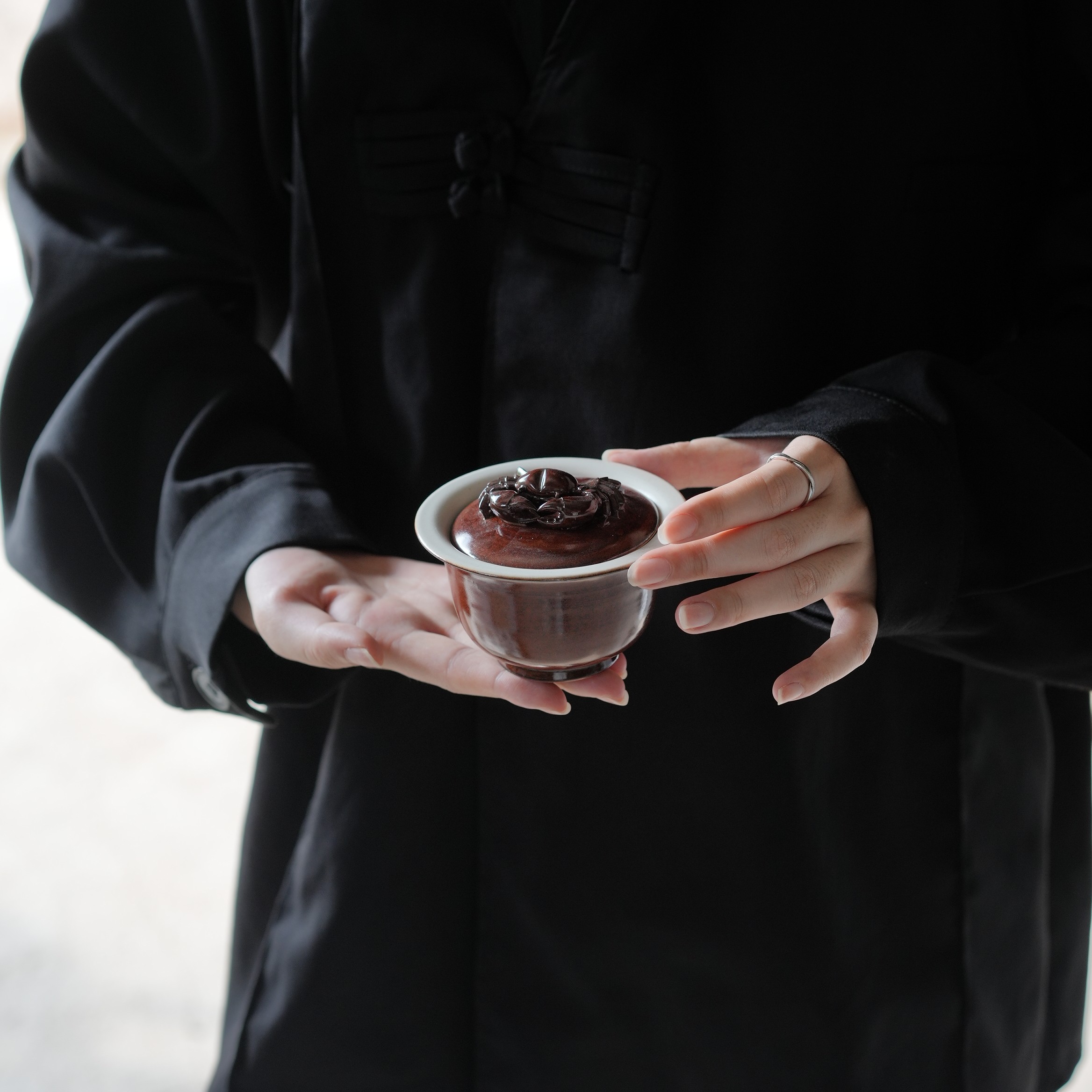 喜物 朱兴方螃蟹盖碗红色陶瓷茶具轻奢泡茶盖碗