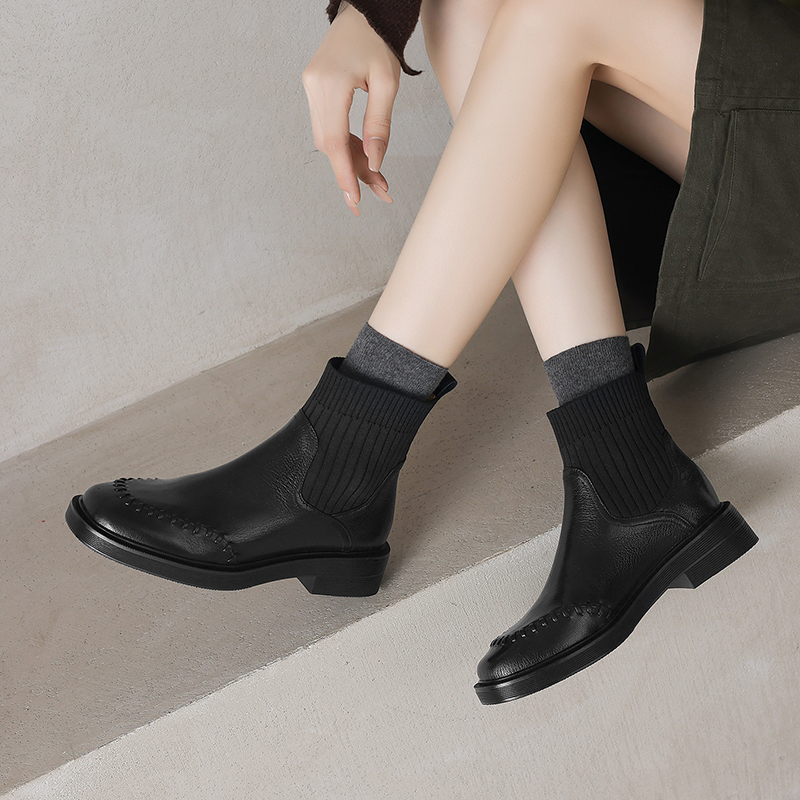 【NICESEE】3.5cm,真皮低跟切尔西女靴秋冬季新款羊皮厚底短靴子女