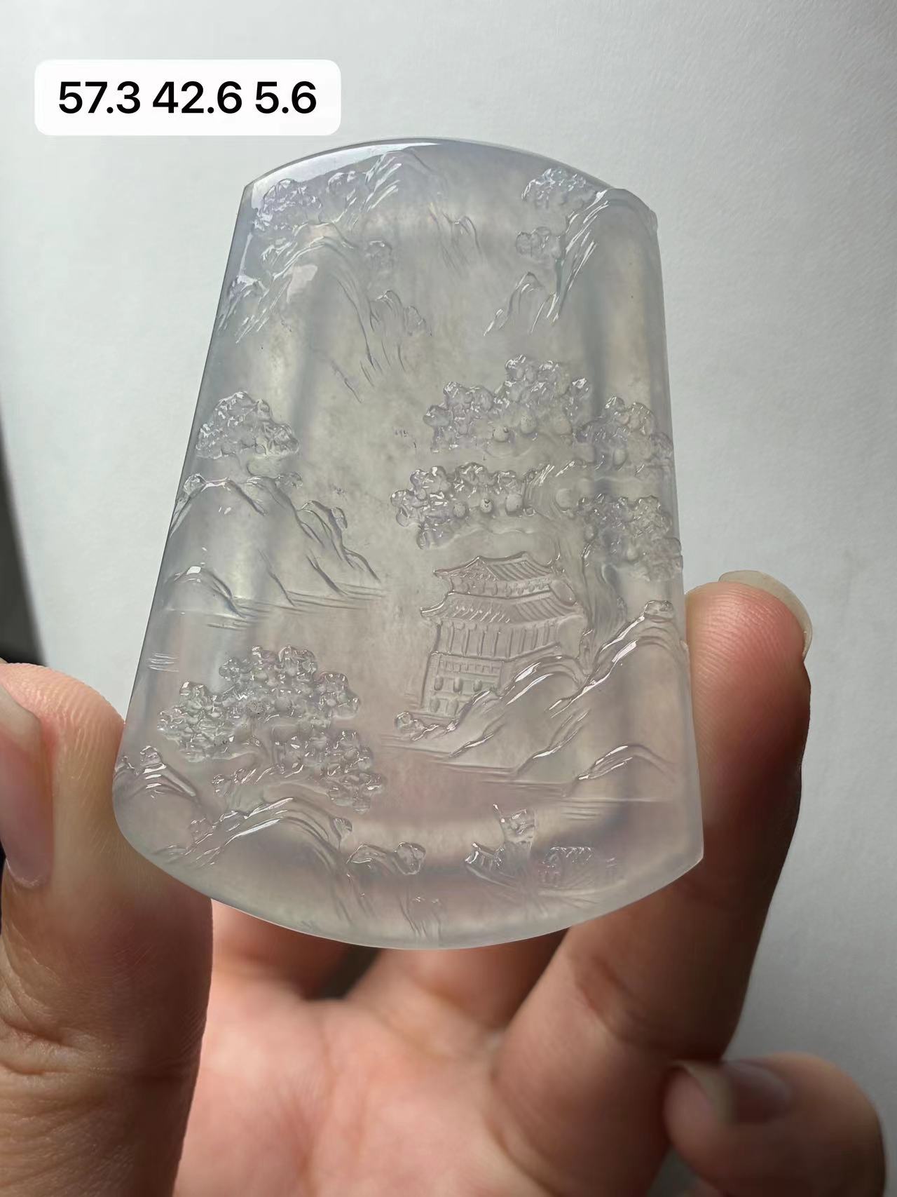天然a货缅甸翡翠高冰白冰山水牌吊坠