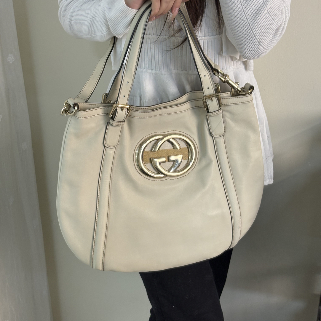 95新 GUCCI/古驰 米白大双G托特包单肩斜挎
