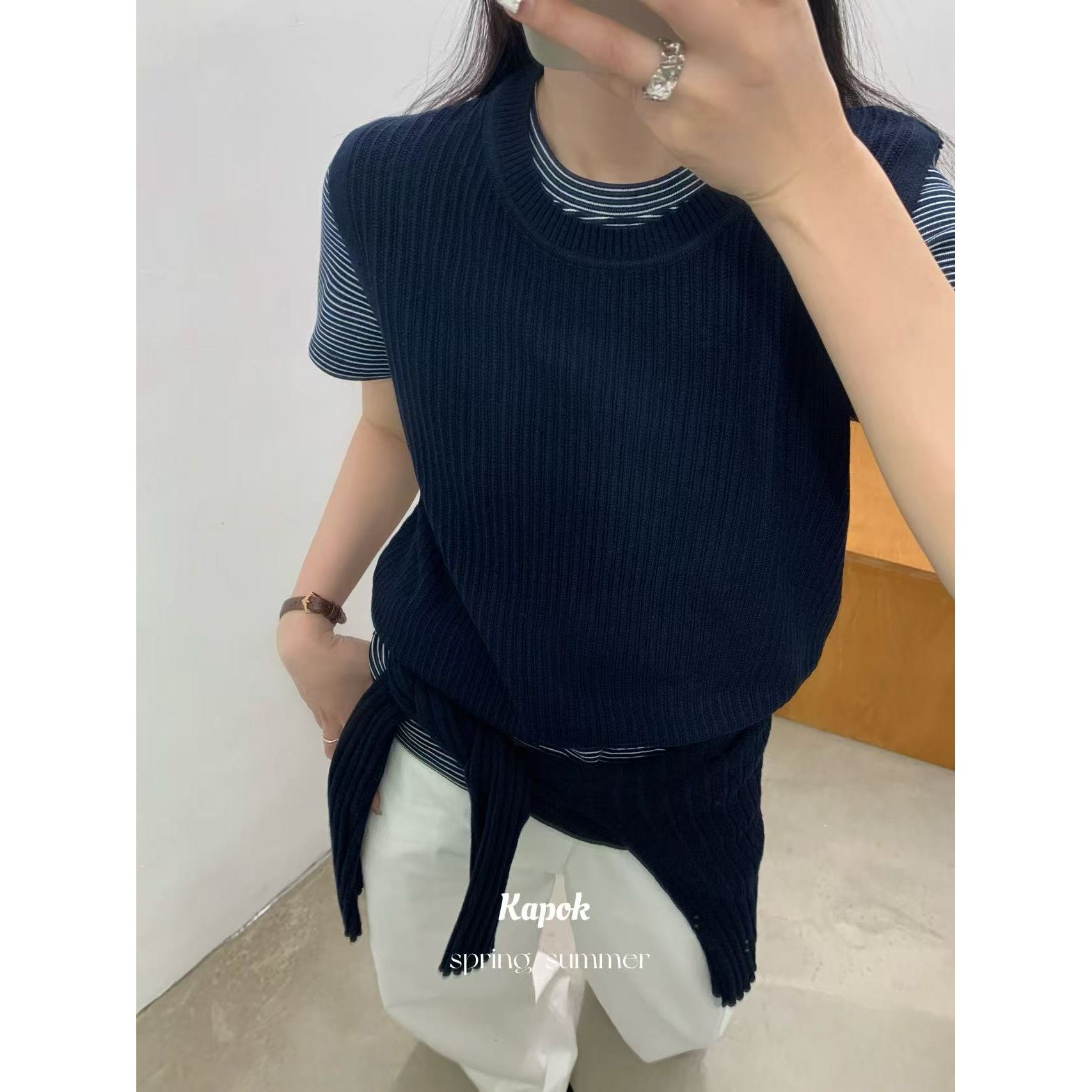 25918#韩系极简风圆领叠穿百搭坑条针织马甲