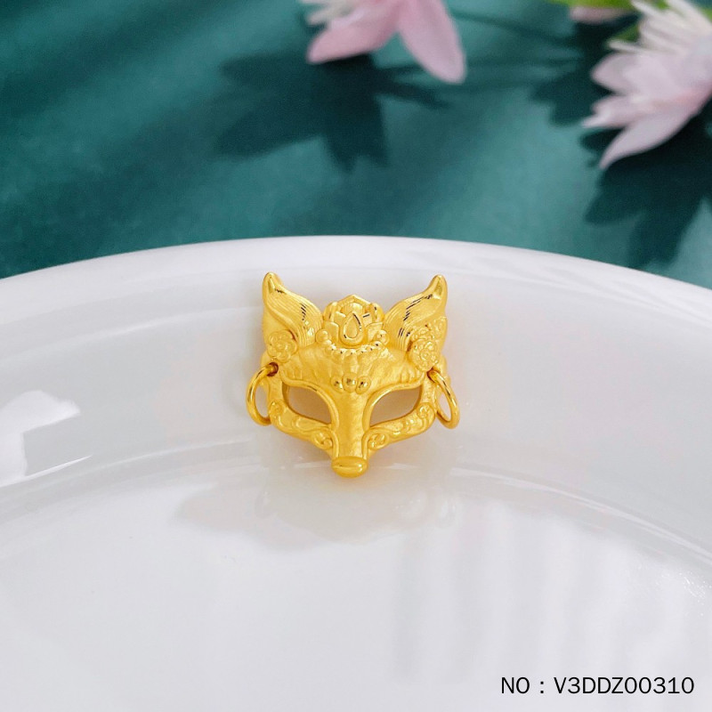 足金999 3D硬金空心澜焰·狐面灵狐花狐狸面具吊坠