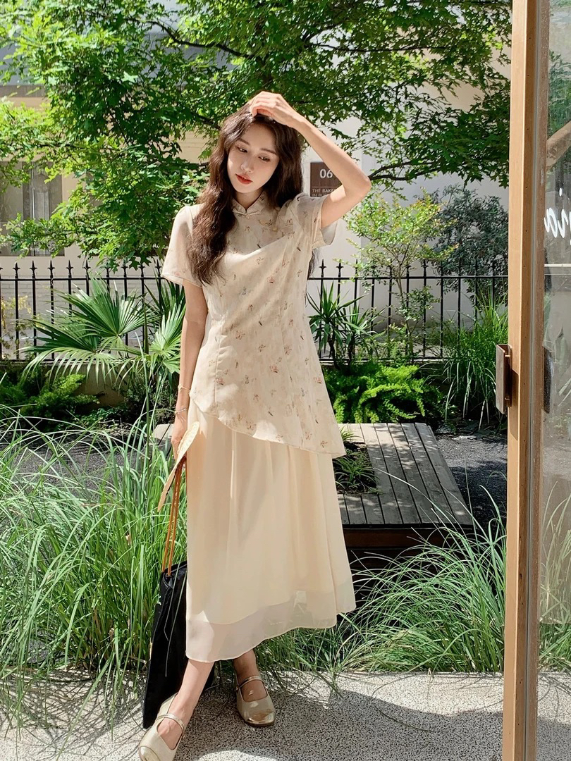 86650新中式改良旗袍气质感连衣裙夏季新款假两件收腰绝美碎花裙