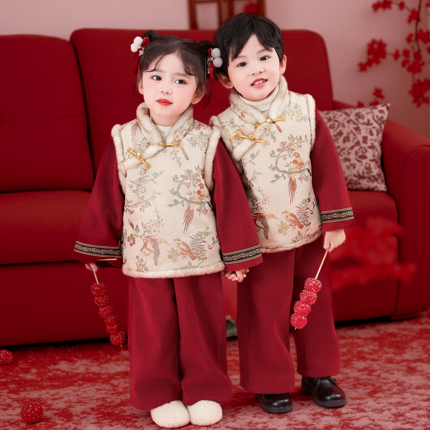 女童新年服加厚拜年服男童春节过年衣服儿童新中式国风唐装表演服