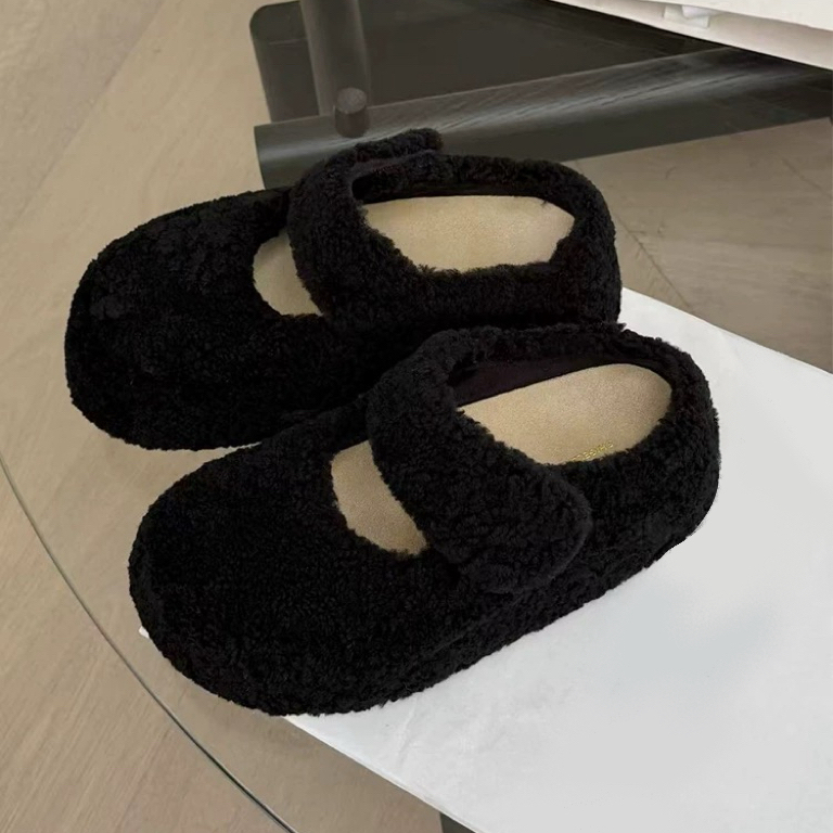 Las Rozas 厚底玛丽珍鞋百搭增高魔术贴羊羔毛休闲鞋———黑鸭子