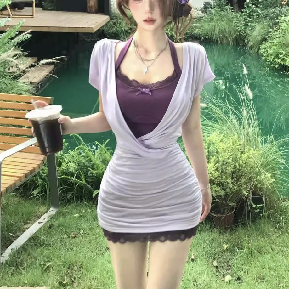紫色套装蕾丝链条露背挂脖连衣裙纯欲风辣妹罩衫女夏季短裙两件套