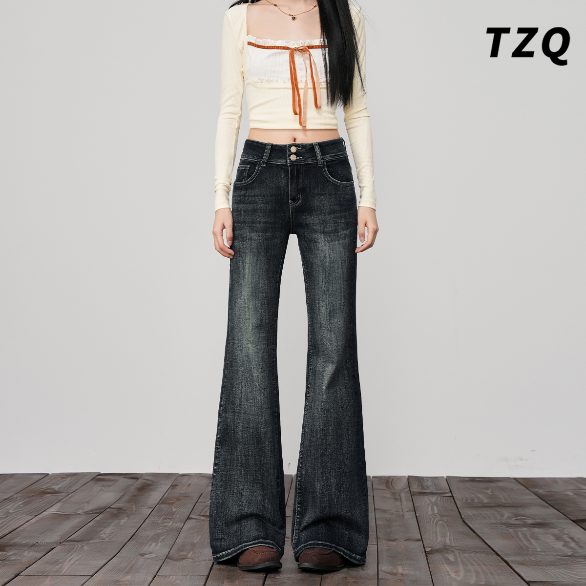 1691【金拐子专属】蓝灰色加绒微喇牛仔裤女冬季宽松阔腿喇叭裤 子