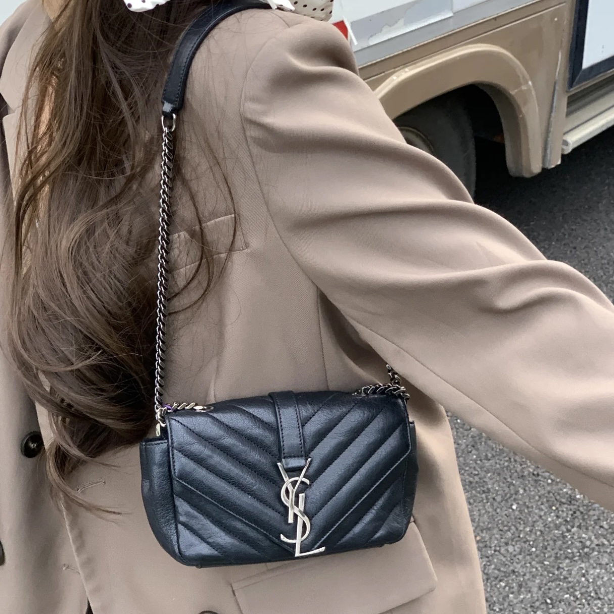 95新 YSL/圣罗兰 黑银V纹链条小面包包