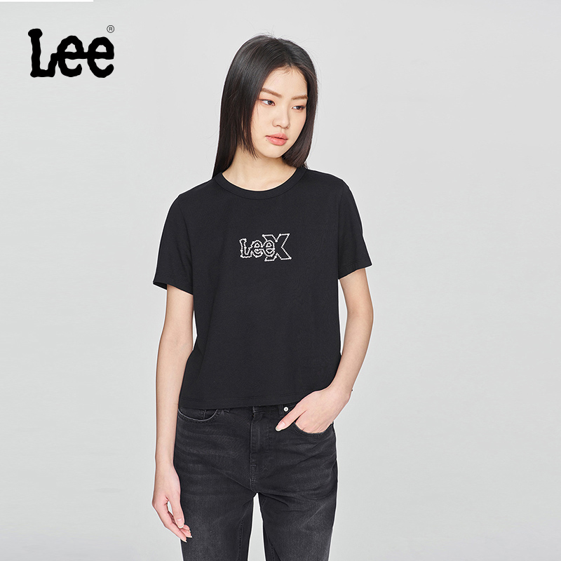 Lee25早春舒适版圆领Logo印花黑色短款女短袖T恤休闲潮