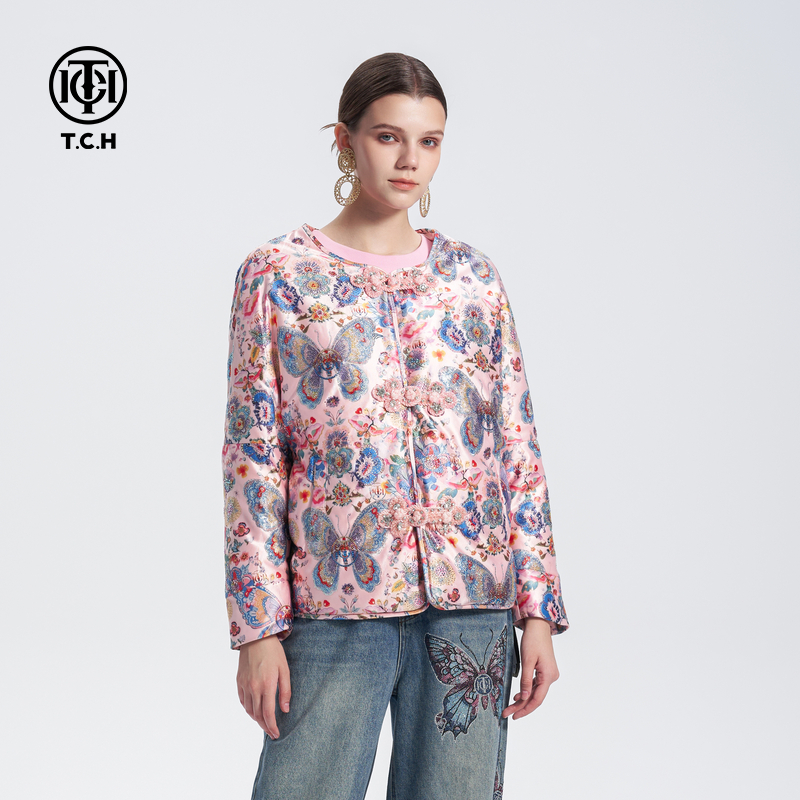 轻奢-TCH新中式国风提花女2025新款重工烫钻羽绒服T72D198069