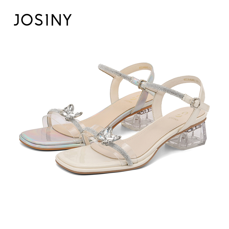 卓诗尼一字带凉鞋女2024夏季新款外穿水晶粗跟仙女风配裙子高跟鞋